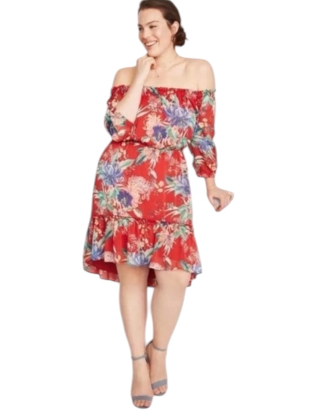 Ava & Viv Floral Off Shoulder Dress Plus 3X Red Boho Tiered Lined Sheer Sleeve
